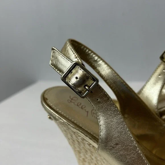 Lilly Pulitzer Shoes Womens 5.5 Gold Sandals Wedge Heels Slingback Kristen - Picture 7 of 15